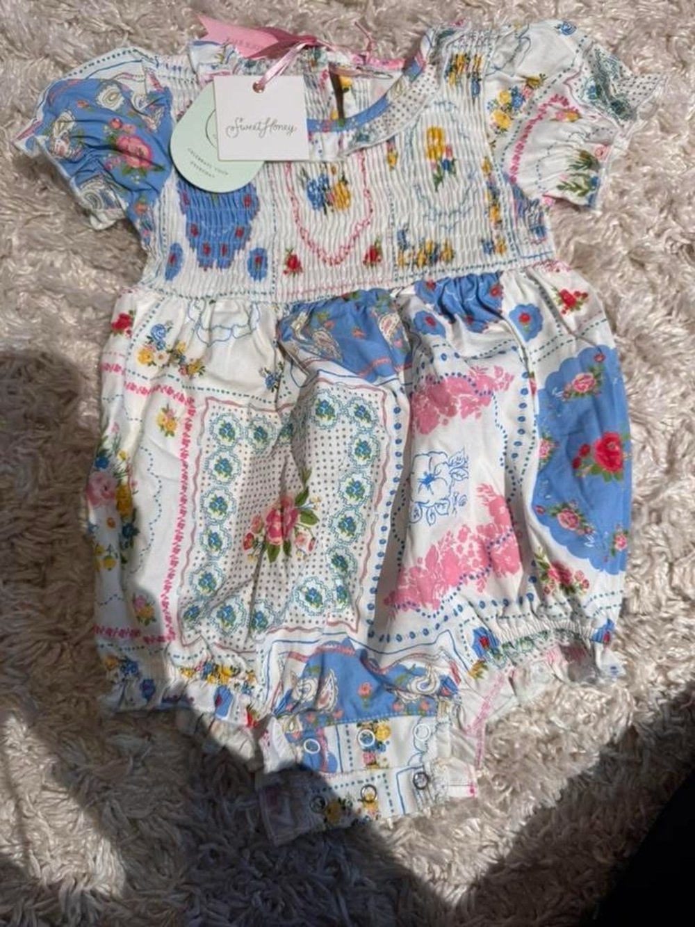 SweetHoney Patchwork Floral Smocked Baby Romper - Blue, Pink & White